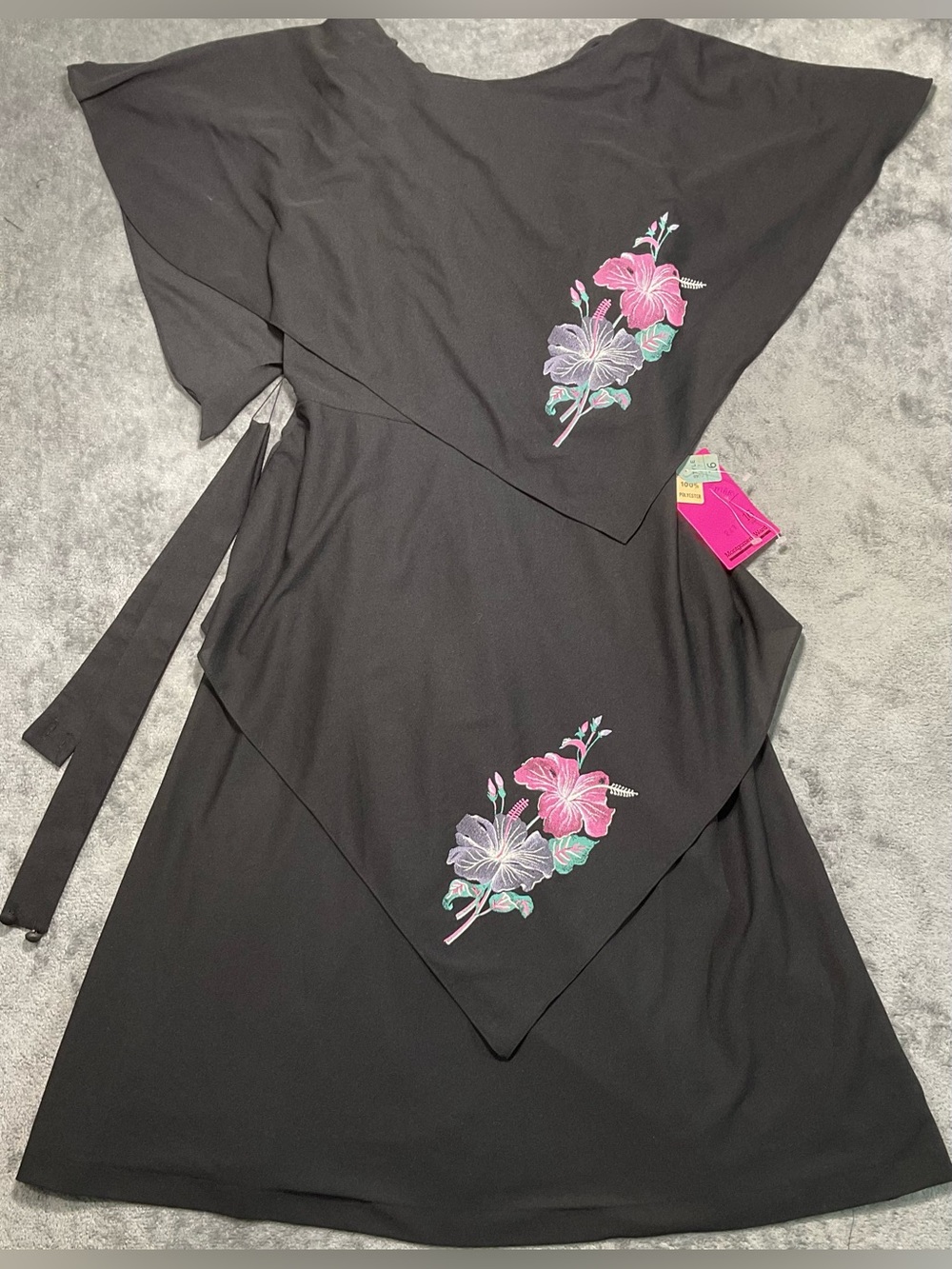 Black Floral Embroidered  Dress with Pink & Lavender Blooms 1980’s